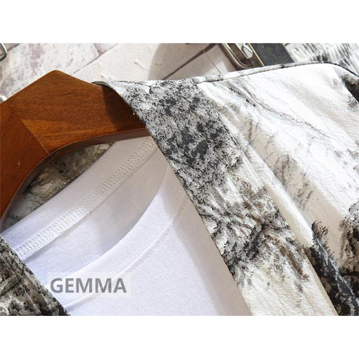 セットアップ メンズ  半袖シャツ 水墨風 七分丈パンツ ２点セット リネン セット 綿麻 ジャージ スウェット上下セット スポーツウェア カジュアル 夏物 セットアップ メンズ 半袖シャツ 水墨風 七分丈パンツ 2点セット