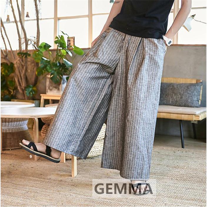 リネンパンツ 麻 メンズ ワイドパンツ ストライプ ガウチョパンツ 太め カジュアル 綿麻 ゆったり ついに入荷 春夏秋冬 ボトムス 父の日 ロング パンツ
