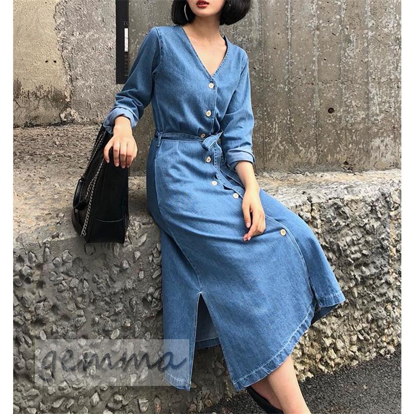 デニムワンピース ロング レディース 長袖 デニムワンピ シャツワンピ コート ライトアウター ベルト付 ロングコート ゆったり 体型カバー スリット 春夏 Xsz15 Gemma 通販 Yahoo ショッピング