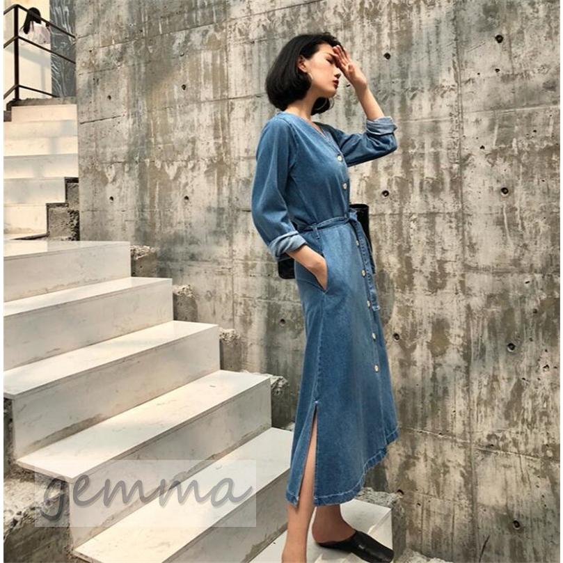 デニムワンピース ロング レディース 長袖 デニムワンピ シャツワンピ コート ライトアウター ベルト付 ロングコート ゆったり 体型カバー スリット 春夏 Xsz15 Gemma 通販 Yahoo ショッピング