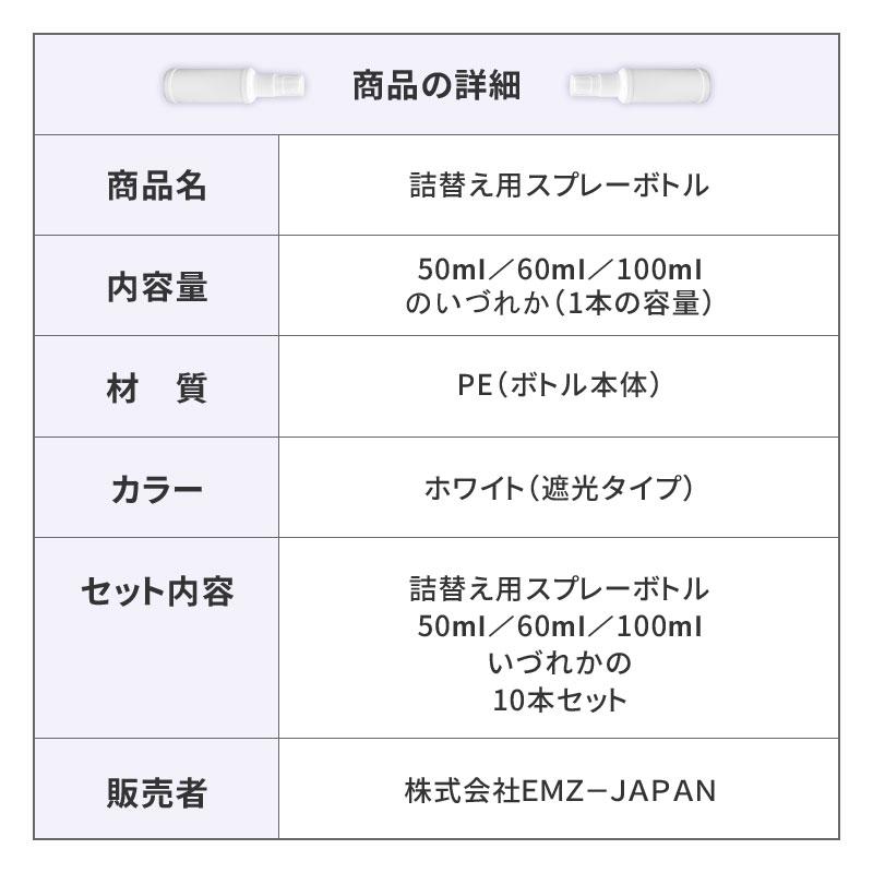 スプレーボトル50ml 60ml 100ml×10本セット アルコール対応 PE