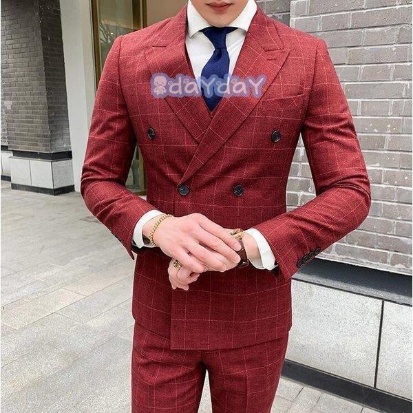 残りわずか チェック柄 カジュアル スリム ドレスコートフォーマル 結婚式 セットアップ スーツ メンズ ス ドレスコートフォーマル 結婚式 セットアップ スーツ メンズ 紳士 春秋 ダブルブレスト ３点セット ビジネススーツ Palomafashion Com