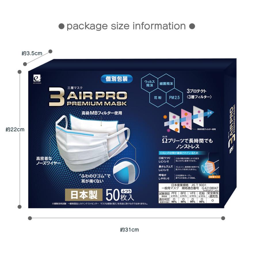 マスク 不織布 日本製 50枚 白 不織布マスク プリーツマスク ふつう 個包装 JIS規格適合 3AIR エレネ (n50s1)｜foryouneed｜10