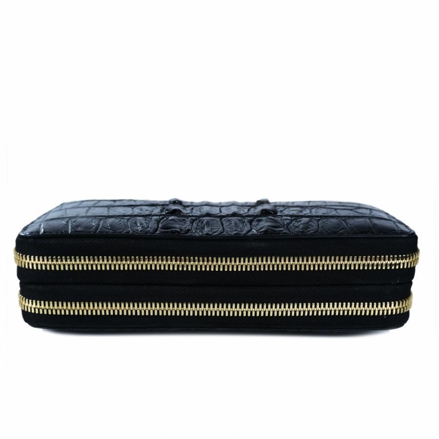 長財布 ブラック クロコダイル ゴツい背革 ダブルファスナー ゴールド