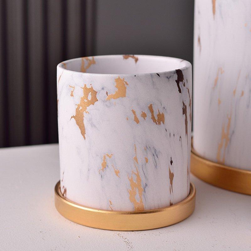 Zxyler 大理石紋様陶器植木鉢 セラミック円筒形プランター 受け皿付き