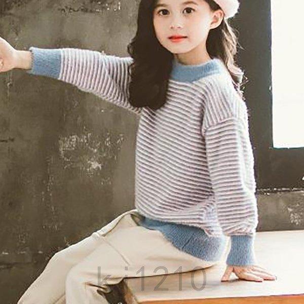 セーターキッズ女の子秋冬ニットトップス長袖子供服クルーネックストライプセーター韓国子供服ジュニア暖かい可愛いおしゃれ｜four-leafs-shop｜09