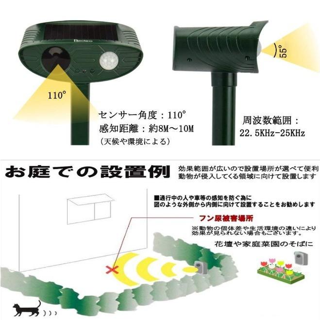 猫よけ 超音波 ソーラー 充電 害獣駆除 動物撃退器 猫除け センサー ライト 猫対策 猫撃退 猫よけグッズ カラスよけ 害獣撃退 糞尿対策 鳥獣対策 2個セット｜four-piece｜11