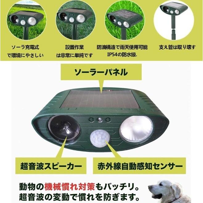 猫よけ 超音波 対策 ソーラー式 動物撃退器 猫除け センサー ライト 猫よけ対策  ネコよけ グッズ ソーラー 充電 カラスよけ 害獣｜four-piece｜04