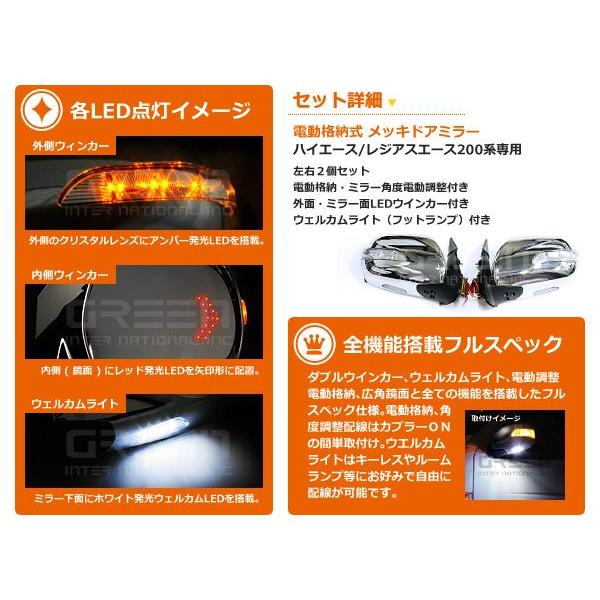 ハイエース200系 ドアミラー LEDウィンカー付 メッキミラー 自動格納付 ハイエース200系 LEDウィンカーミラー 格納ミラー ドアミラー