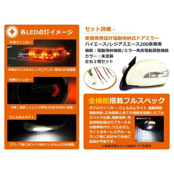 ハイエース200系 LEDウィンカーミラー 未塗装 格納ミラー ドアミラー