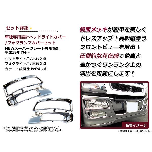 ＮＥＷスーパーグレート メッキ ヘッド＆フォグカバー ヘッドライトカバー クローム 純正交換タイプ |  | 01