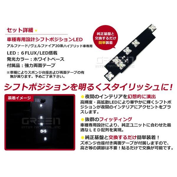 ハイブリット専用 アルファード/ヴェルファイア20系 LEDシフトポジション シフトレバー シフトノブ LED ライト イルミネーション |  | 01