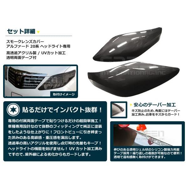 【送料無料】スモークレンズカバー ヘッドライト アルファード 20系 ブラックアウト化 UVカット【ランプ フロント エアロ フェイス｜fourms｜02