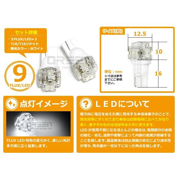 LEDバルブ T10/Ｔ16 5連FLUX 白/ホワイト オレンズ ポジション球/ライセンス球/ナンバー灯などに LED球 ウェッジ球 |  | 01