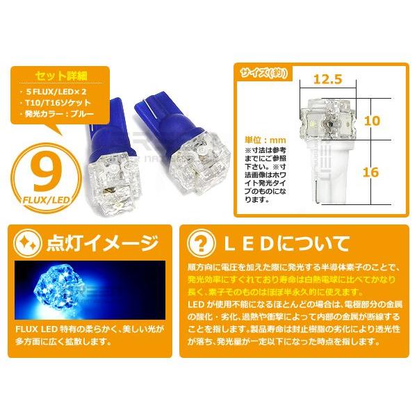 LEDバルブ T10/Ｔ16 3chips×5連FLUX 青/ブルー オレンズ ポジション球/ライセンス球/ナンバー灯などに LED球 |  | 01