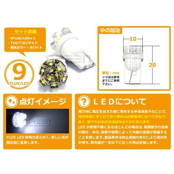 LEDバルブ T10/Ｔ16 9連開花 白/ホワイト オレンズ ポジション球/ライセンス球/ナンバー灯などに LED球 ウェッジ球 |  | 01