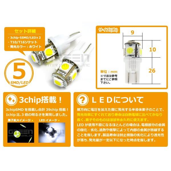 LEDバルブ T10/Ｔ16 3chips×5連SMD 白 ホワイト ポジション球/ライセンス球/ナンバー灯などに LED球 ウェッジ球 |  | 01