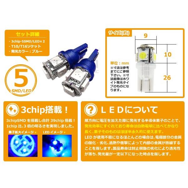 LEDバルブ T10/Ｔ16 3chips×5連SMD 青 ブルー ポジション球/ライセンス球/ナンバー灯などに LED球 ウェッジ球 |  | 01