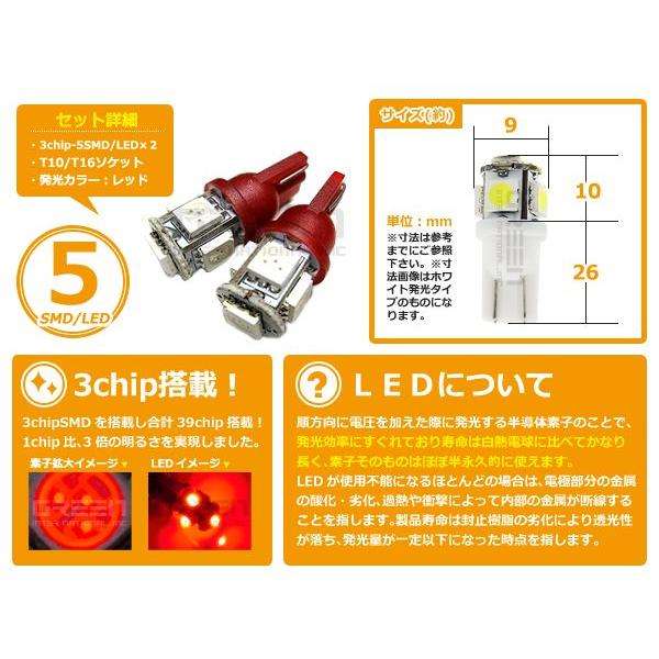 LEDバルブ T10/Ｔ16 3chips×5連SMD 赤 レッド ポジション球/ライセンス球/ナンバー灯などに LED球 ウェッジ球 |  | 01