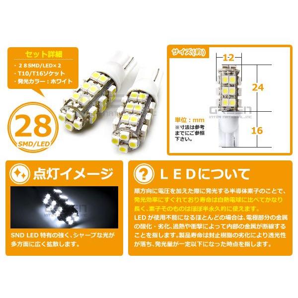 LEDバルブ T10/Ｔ16 28連SMD 白 ホワイト ポジション球/ライセンス球/ナンバー灯などに LED球 ウェッジ球 バック球 |  | 01