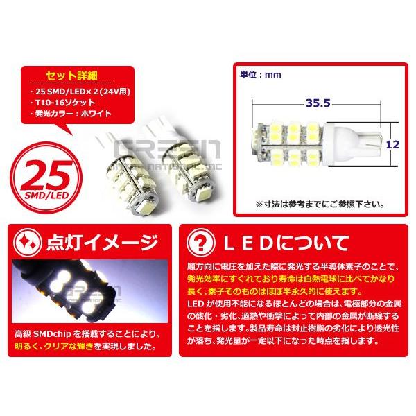 24V専用 LEDバルブ 25連 SMD ホワイト 白 T10 T16 トラック対応可能【2個1セット 左右 純正交換 ポジション球 |  | 01