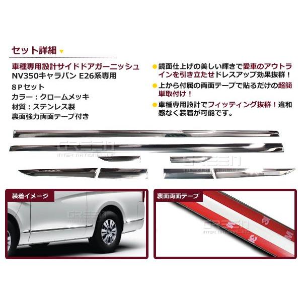 日産 キャラバン NV350 E26 サイドメッキドアガーニッシュ 8Pset クローム サイドモール メッキ 社外 |  | 01