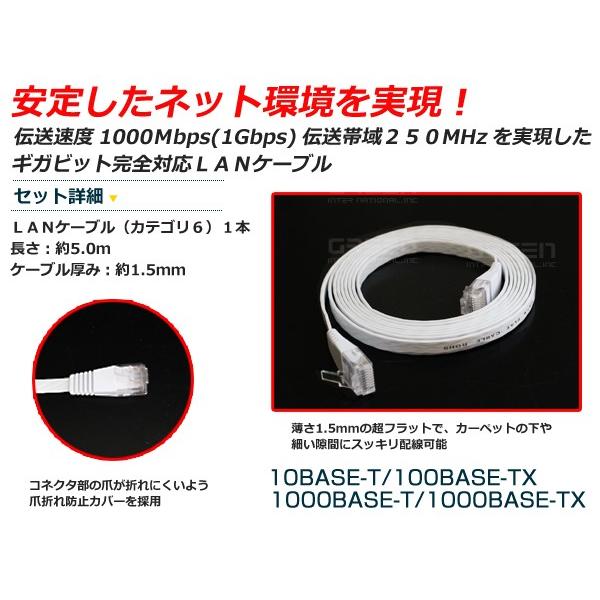 LANケーブル 5m カテゴリ6 フラットケーブル スリム 白 【有線 ネット