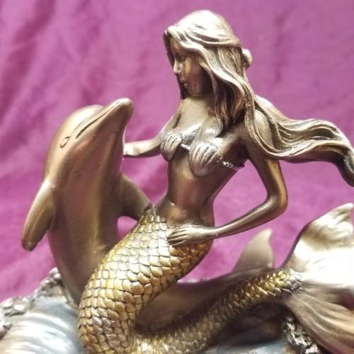 【セールス中】人魚とイルカの置物 インテリア アンティーク オブジェ 彫刻 イルカと遊ぶマーメイドの像【人魚・置物・インテリア・オブジェ