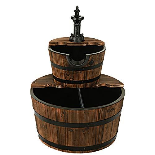 保証商品 ハンドポンプ付きGiantex 2段樽型水飲み場、屋外庭園パティオ裏庭ポーチ用の素朴な木樽型カスケード水飲み場