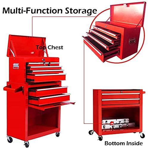 格安販売中 I-Choice大容量工具チェスト回し工具箱車輪・引出し付8段引出し着脱式オーガナイザー大工具収納・可動式作業所ガレージ整備士用工具箱 (RED)