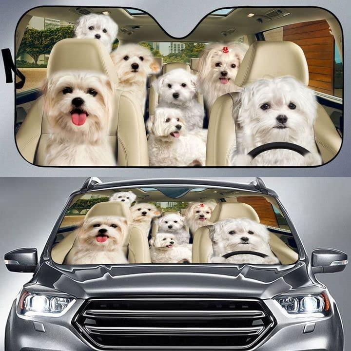 マルチーズファミリーカーサンシェードオートウインドシールドウィンドウカバーサンシェード、マルチーズ愛犬家ドライビングドッグ愛好家オートサン