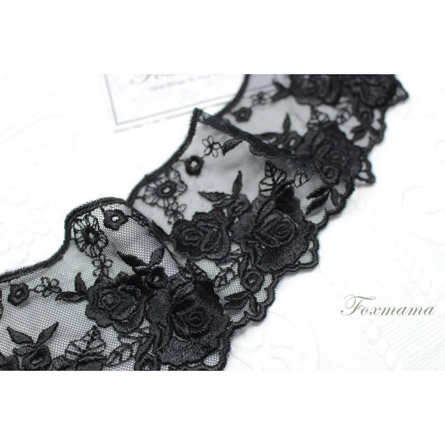 両山チュール刺繍レース 0.5m 花 バラ 葉っぱ 黒 (LFL752BKSHRY 両山チュール刺繍レース 0.5m 花 バラ 葉っぱ 黒 (LFL752BKSHRY