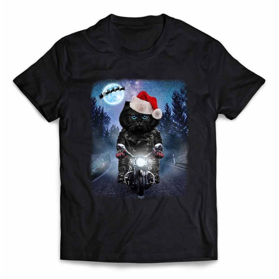 【黒猫 ねこ バイク クリスマス サンタクロース】キッズ 半袖 Tシャツ by Fox Republic｜foxrepublic