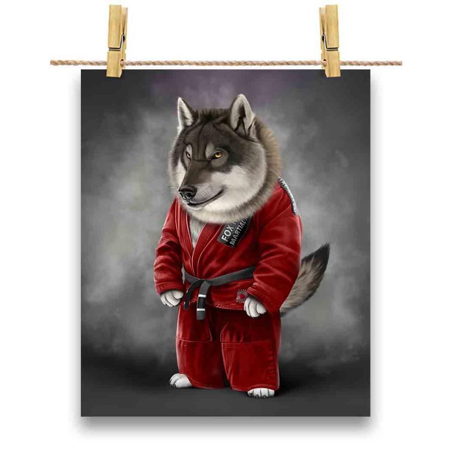 ポストカード オオカミ 狼 赤い柔道着 師匠 筋トレ チャンピオン