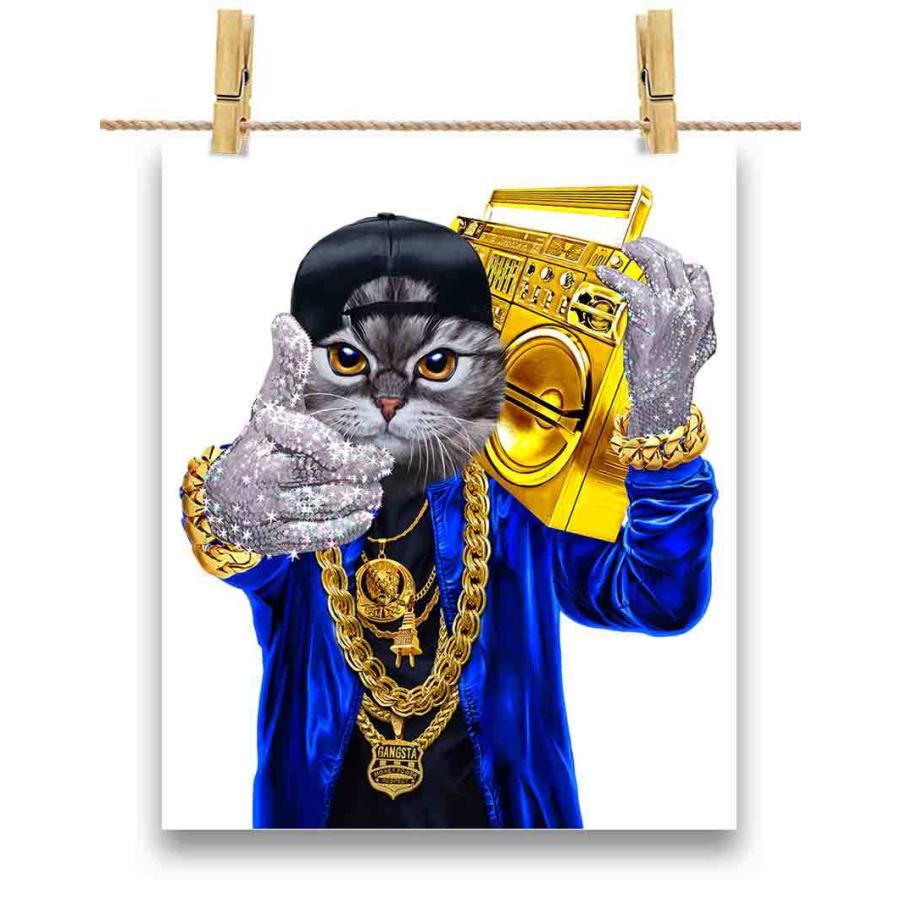 グレー 猫 ねこ ラッパー ヒップホップ キャップ】ポスター A2サイズ