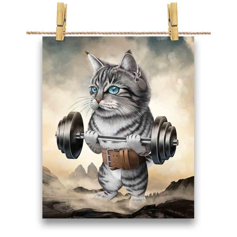 ポスター A3 ぶち猫 グレー ねこ猫 筋トレ 筋肉 ウエイトリフティング