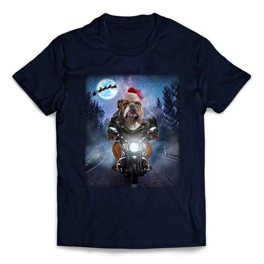 【ブルドッグ ドッグ 犬 いぬ バイク クリスマス サンタクロース】メンズ 半袖 Tシャツ by Fox Republic｜foxrepublic