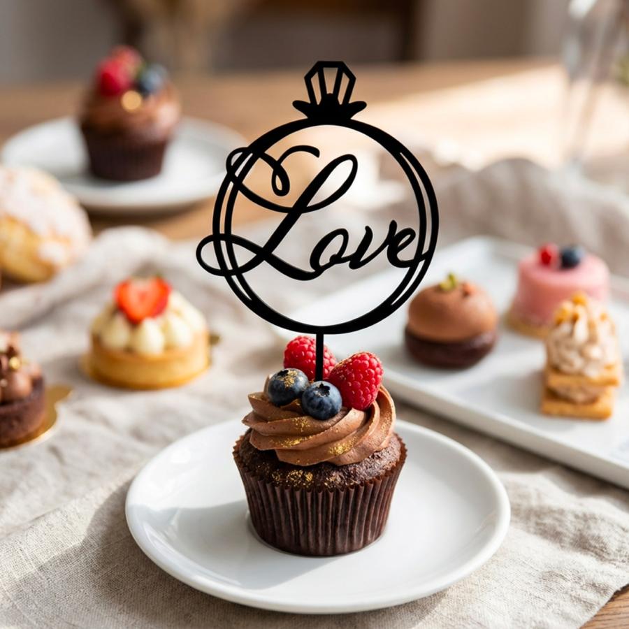 ケーキトッパー Love ハート型 リング型 記念日 誕生日 お祝い 結婚式
