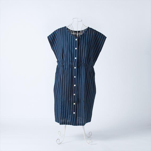 ヤンマ産業 会津木綿 前後両方で着られるゴム入りワンピース ロング丈 大名縞 Apaproduction Fr