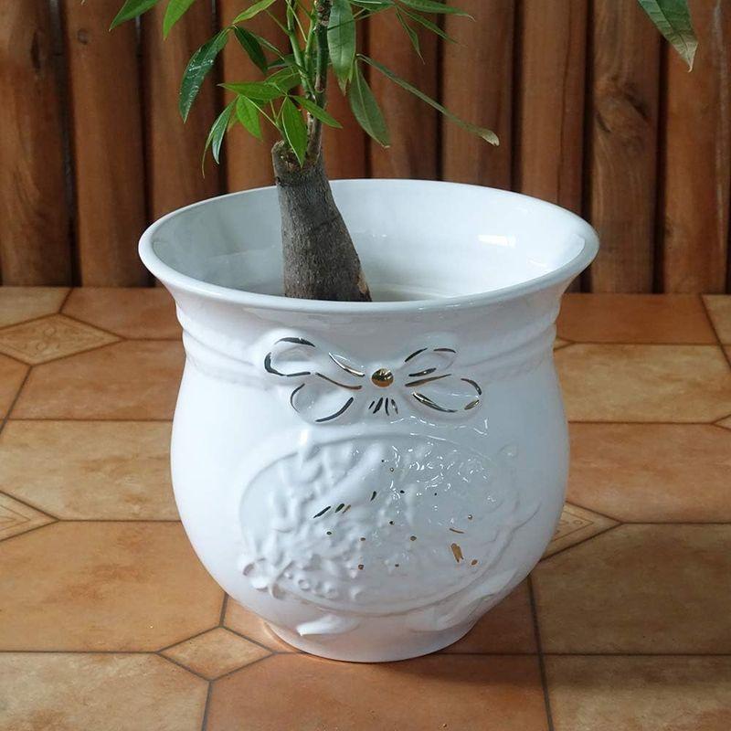 格安通販新作 ポルトガル製 陶器 ホワイト 植木鉢 底穴あり ゴールド リボン 小鳥 レリーフ 23cm psu-h9900gl