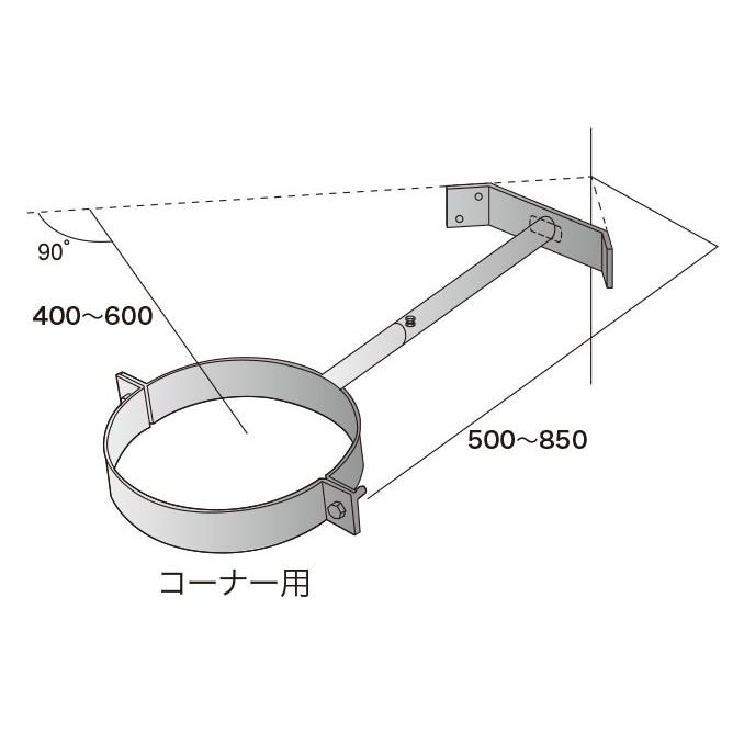 薪ストーブ　二重断熱煙突用ウォールバンド一点支持金具コーナー用・黒塗装