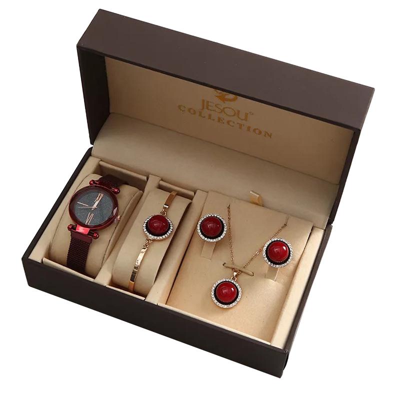 ファッション星空クォーツ女性腕時計高級ダイヤモンドラウンドパール赤白ネックレスイヤリングクリスマス新年ギフトセットボックス