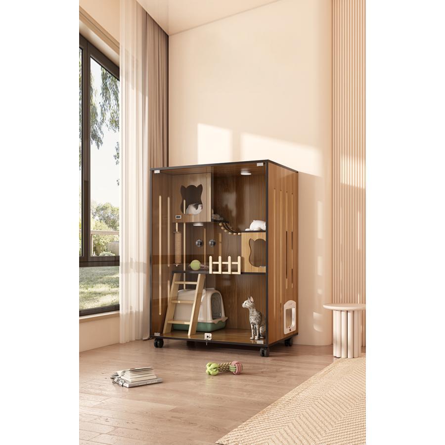 猫 ケージ 3段 木製 キャットケージ 大型 おしゃれ 透明ガラスドア キャスター 猫ゲージ 保護 脱走防止 留守番 組立簡単 室内飼い 幅60cm*奥行60cm*高さ120cm キャットケージ