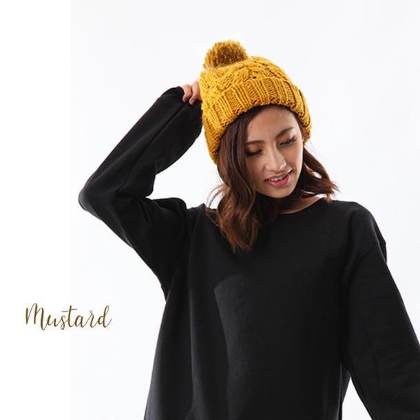 ニット帽 ボンボン ケーブル編み 全10色 ローゲージ編み ポンポン付