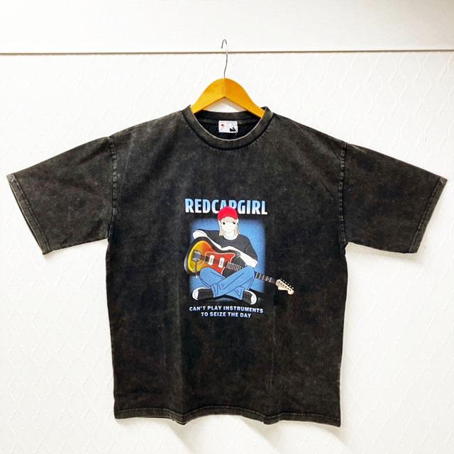 ギター女性プリント Tシャツ ブラウン系 RED CAP GIRL スノーウォッシュ ヴィンテージ 加工 ギター
