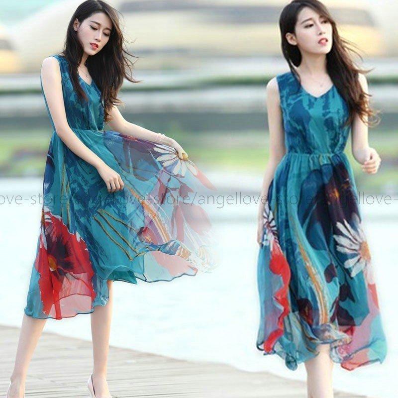 トップ ノースリーブ シフォン 花柄 ロング丈 ワンピ ハワイ リゾートワンピース リゾートマキシワンピース リゾートワンピース 夏ワ ボヘミアン 海 ビーチ ワンピース カラー 写真色 Www We Job Com