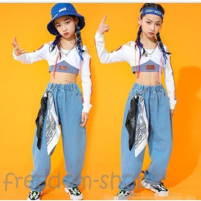 人気ブランドを 女の子ダンス衣装 ジャズダンス キッズダンス衣装 デニムパンツ 3点セットアップ 女の子 長袖シャツ パンツ ヘアバンド３点セット Materialworldblog Com