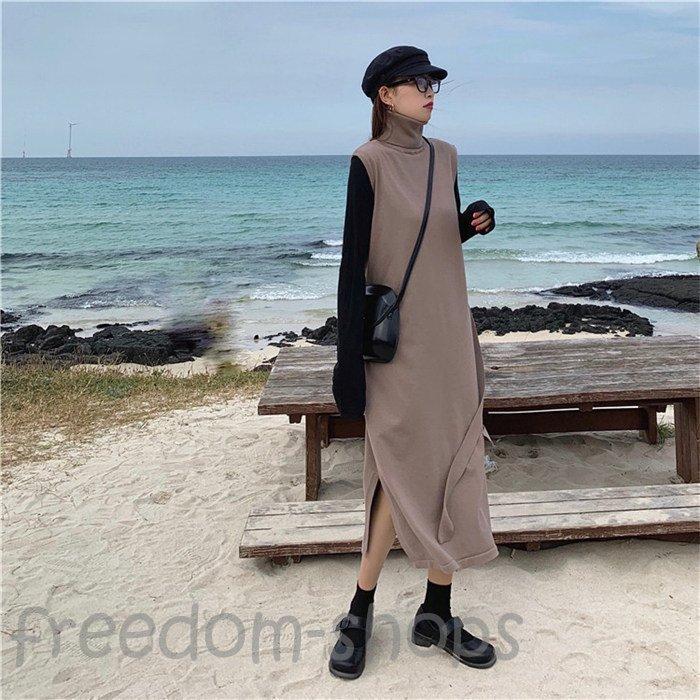 ニットワンピース ノースリーブ ハイネック ジャンパースカート レディース ベスト スリット 無地 重ね着 ニット ナチュラル カジュアル 大人 タートルネック 新作からsaleアイテム等お得な商品満載