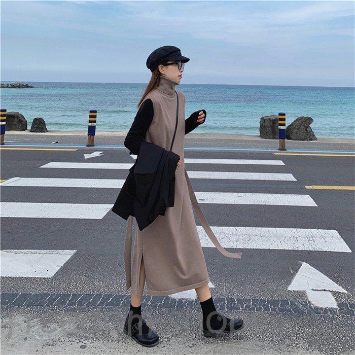 ニットワンピース ノースリーブ ハイネック ジャンパースカート レディース ベスト スリット 無地 重ね着 ニット ナチュラル カジュアル 大人 タートルネック 新作からsaleアイテム等お得な商品満載