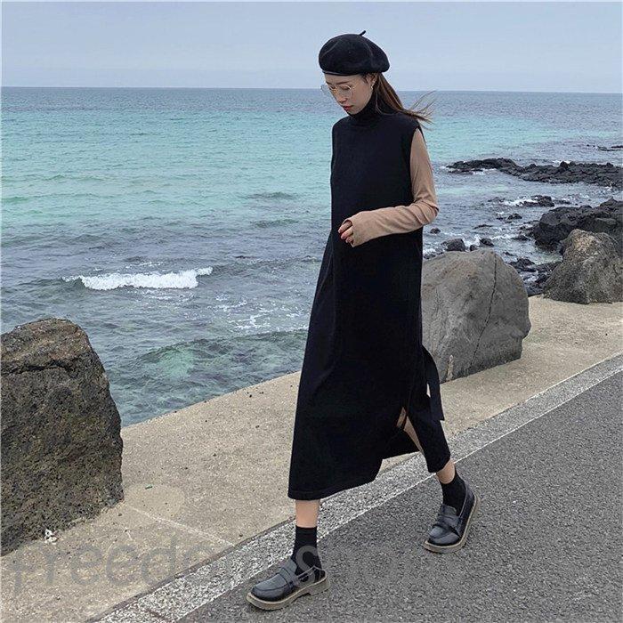 ニットワンピース ノースリーブ ハイネック ジャンパースカート レディース ベスト スリット 無地 重ね着 ニット ナチュラル カジュアル 大人 タートルネック 新作からsaleアイテム等お得な商品満載